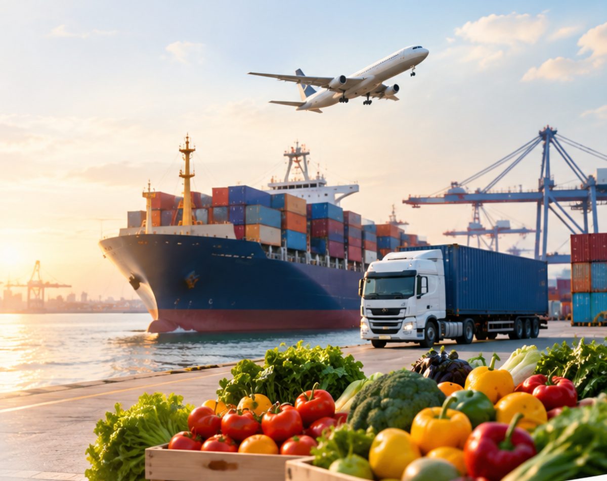 Containerschiff, Flugzeug und LKW im Hafen, davor Kisten mit frischem Obst und Gemüse